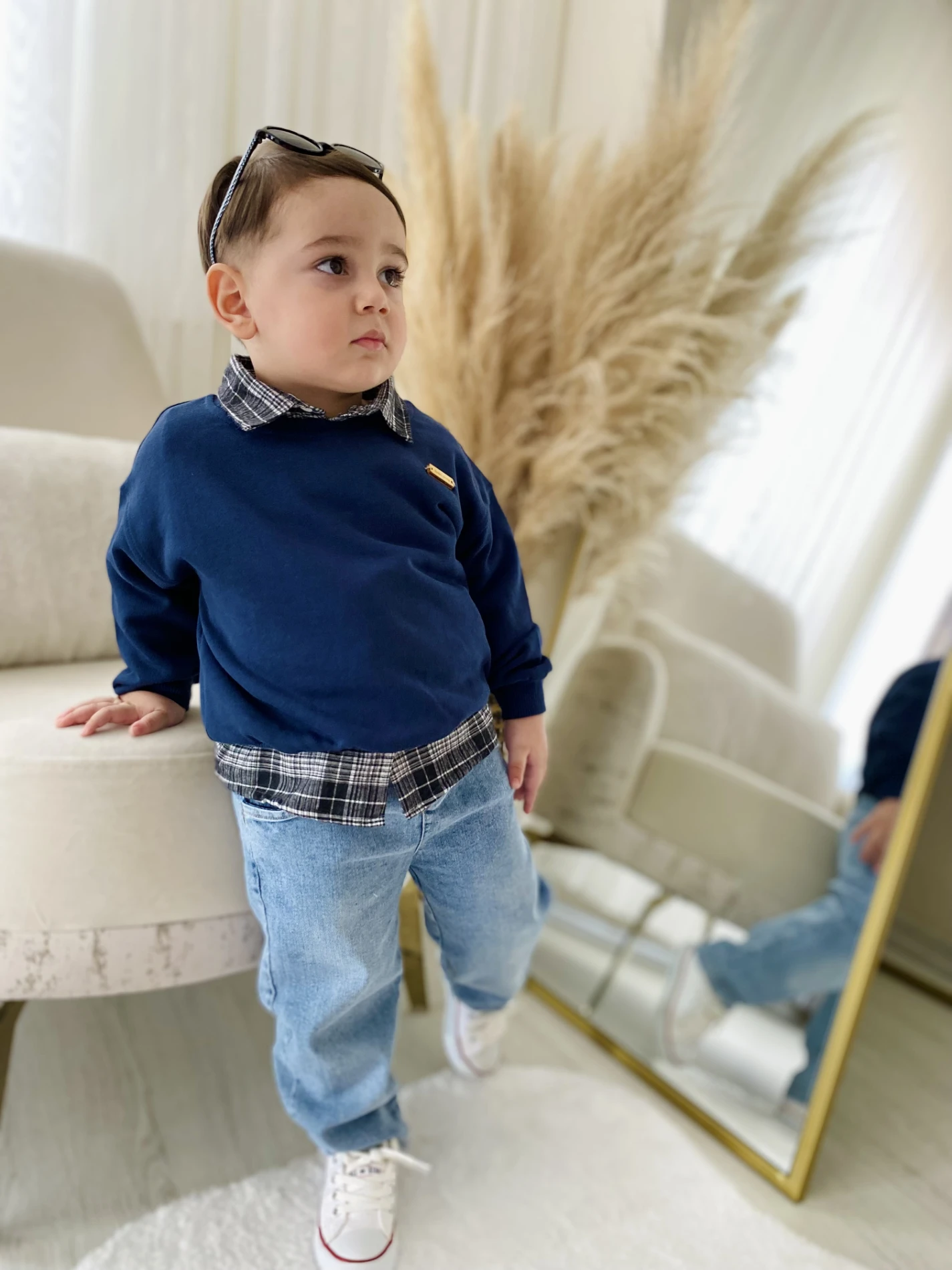 Premium Kalite Erkek Bebek Gömlek Sweatshirt Ve Kot Pantolon 3'Lü Takım 