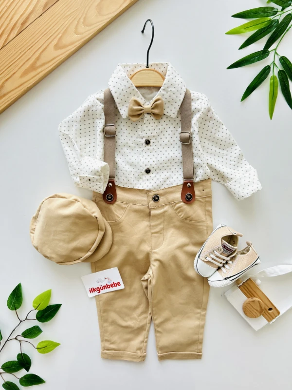 Gabardin Pantalon Keten Gömlekli Kasketli Askı Kemerli Papyonlu 5’li Premium Kalite Takım