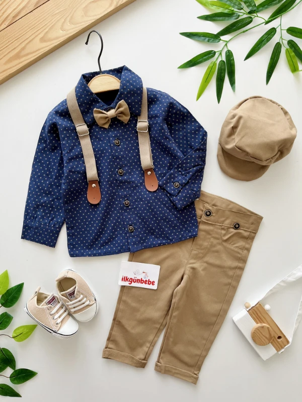 Gabardin Pantalon Keten Gömlekli Kasketli Askı Kemerli Papyonlu 5’li Premium Kalite Takım