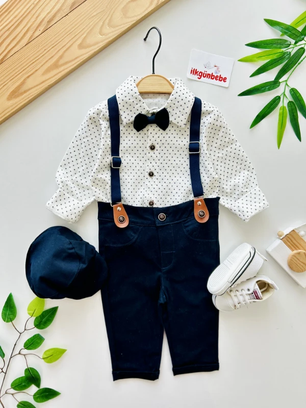 Gabardin Pantalon Keten Gömlekli Kasketli Askı Kemerli Papyonlu 5’li Premium Kalite Takım