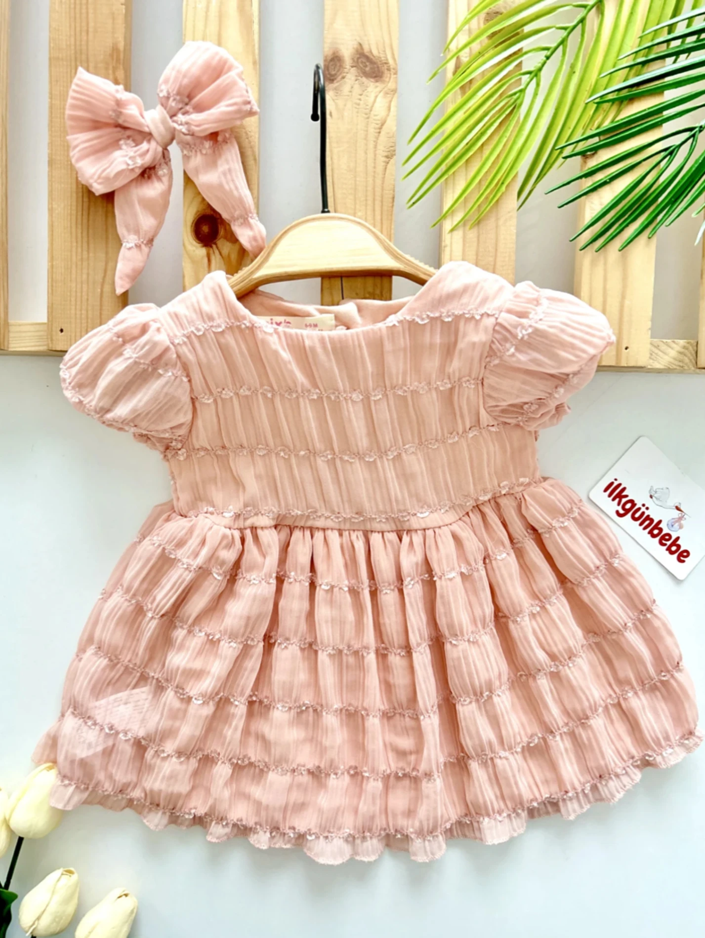 Lilly Tüllü Yazlık Premium Kumaş Müslin Saç Tokalı 2’li Elbise Set