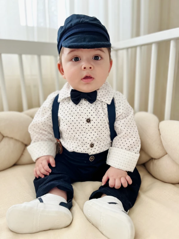 Gabardin Pantalon Keten Gömlekli Kasketli Askı Kemerli Papyonlu 5’li Premium Kalite Takım