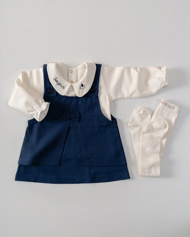 Minik Kuş Nakışlı Bebe Yakalı %100 Pamuk Badili Fiyonklu Jileli Külotlu Çorap Hediyeli 3’lü Takım