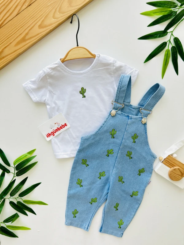 Kaktüs  Nakışlı Örme Yumuşacık Likralı Esnek Kumaşlı Salopetli 2’li Premium Kalite Set