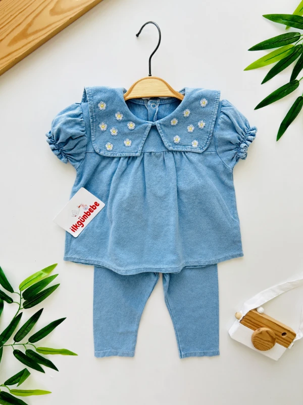 Papatya Yaka Nakışlı %100 Pamuk Likralı Esnek Kumaş 2’li Takım