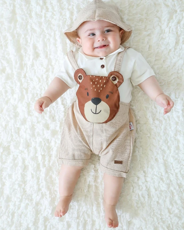 Ayıcık Baskılı Bucket Şapkalı Polo Yaka Tişörtlü 3’lü Takım