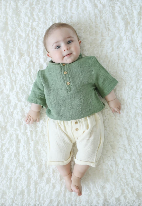 Müslin Kumaş Düğme Detaylı Şortlu %100 Organik 2’li Yazlık Takım