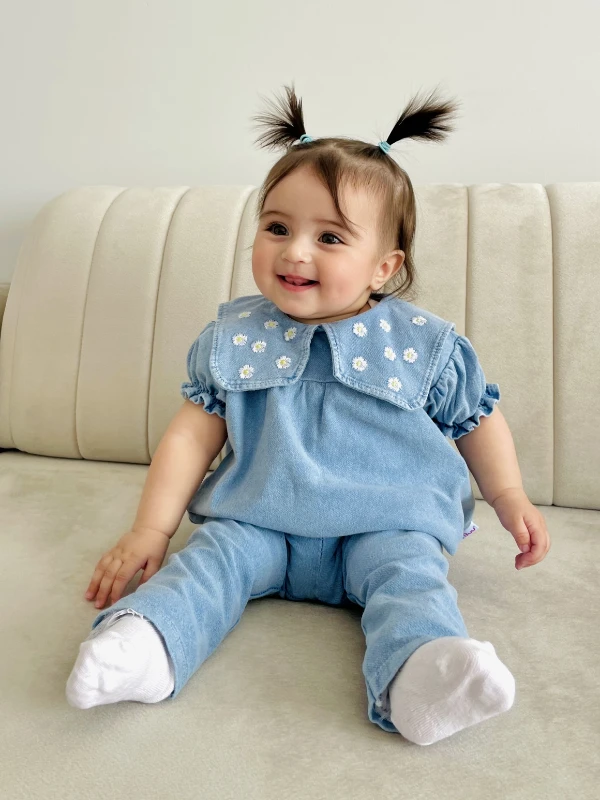 Papatya Yaka Nakışlı %100 Pamuk Likralı Esnek Kumaş 2’li Takım