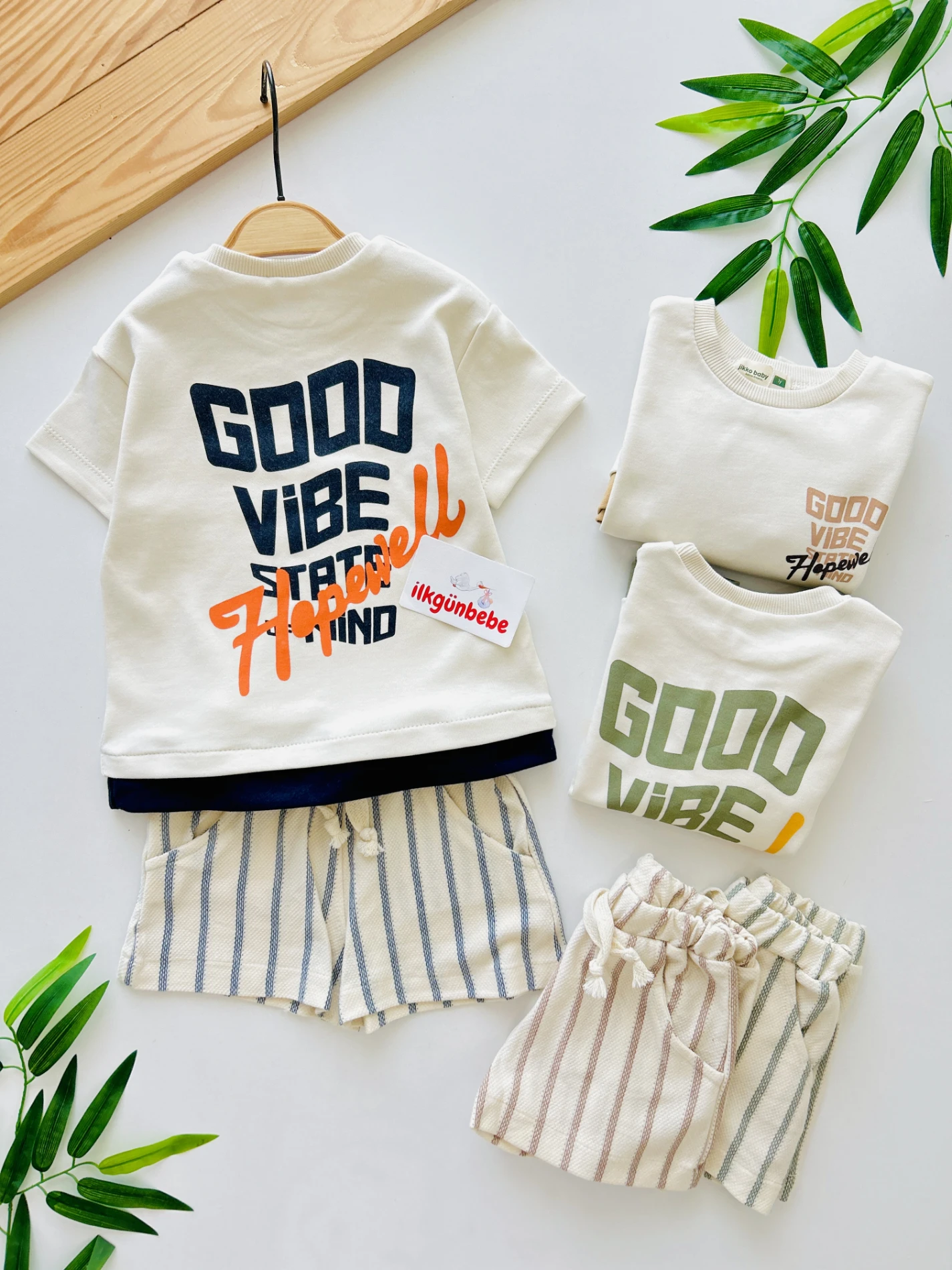 Good Vibes Arkası Baskılı Premium Kalite %100 Pamuk Oversize Cool Görünümlü Keten Kumaş Çizgili Şortlu 2’li Takım