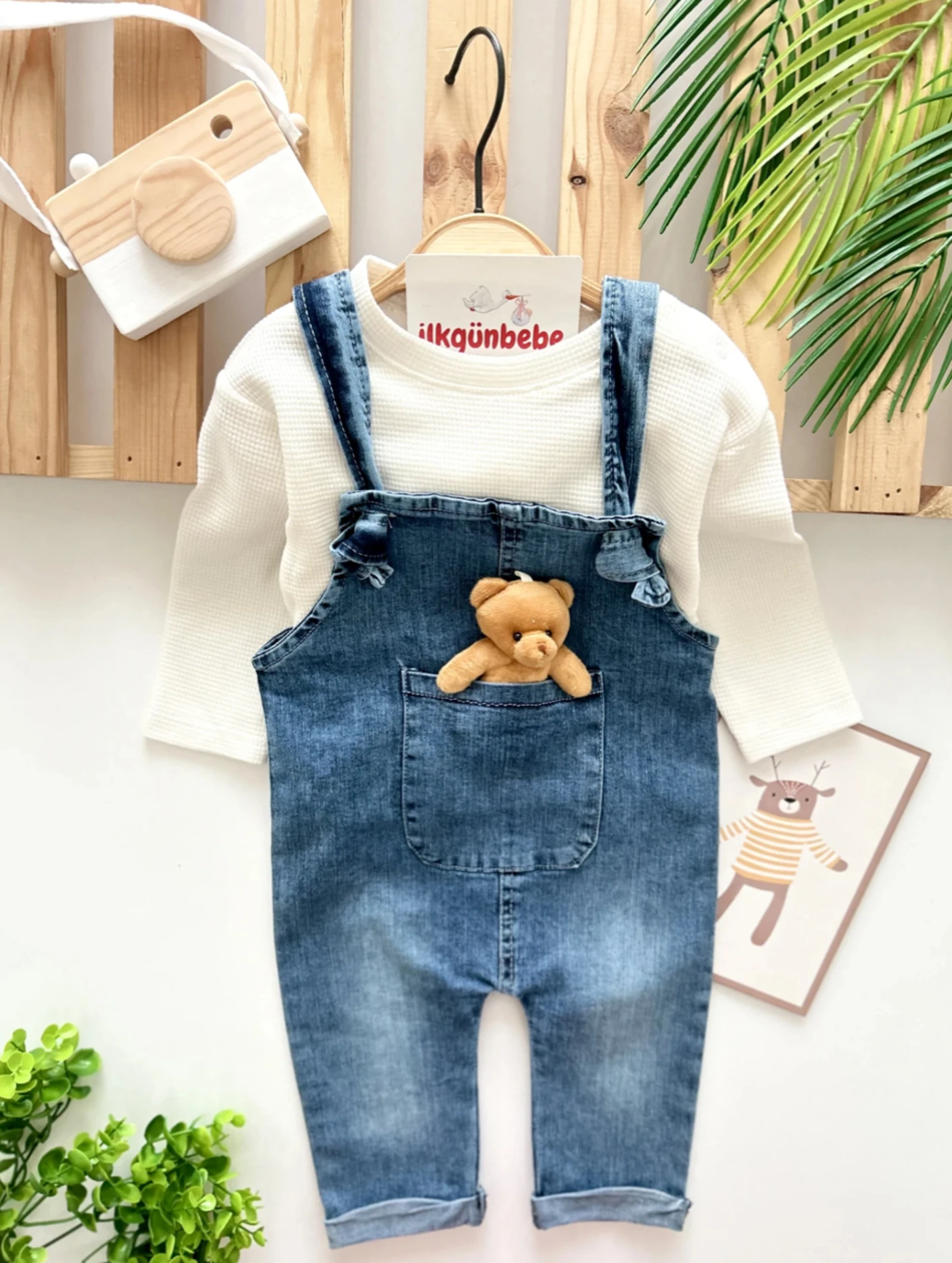 Oyuncak Ayılı Waffle Kumaş Badili Kot Salopetli 2’li Set