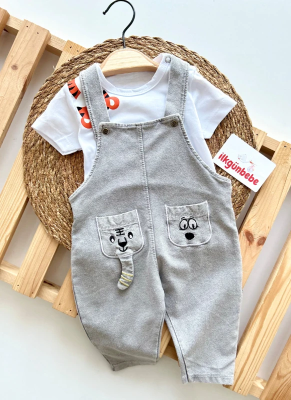 Aslan Baskılı Tişörtlü Likralı Yumuşacık Kot Salopetli 2’li Set