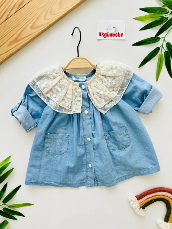 Clara Büyük Dantel Yaka Detaylı Cepli Kolları Ayarlanabilir Premium Kalite Kot Elbise