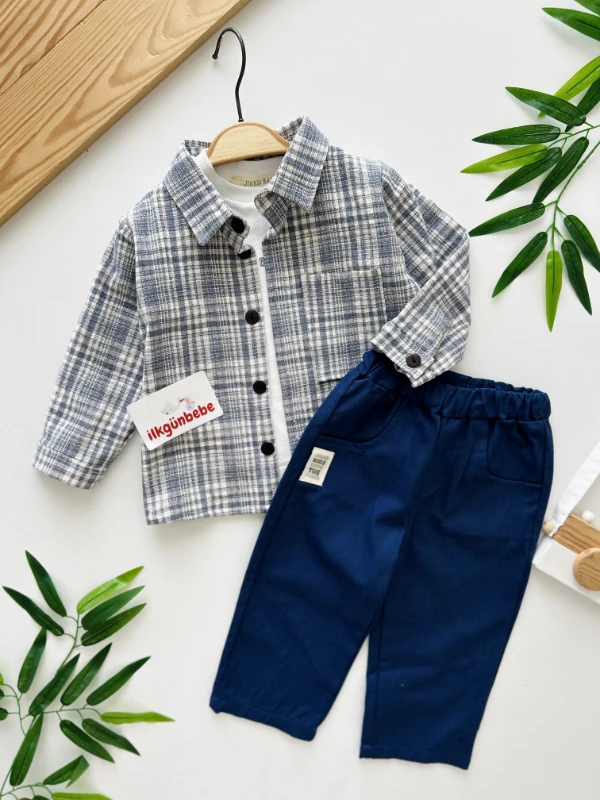 Ekose Gömlek Ceketli Premium Kalite Tişörtlü Pantalonlu 3’lü Takım