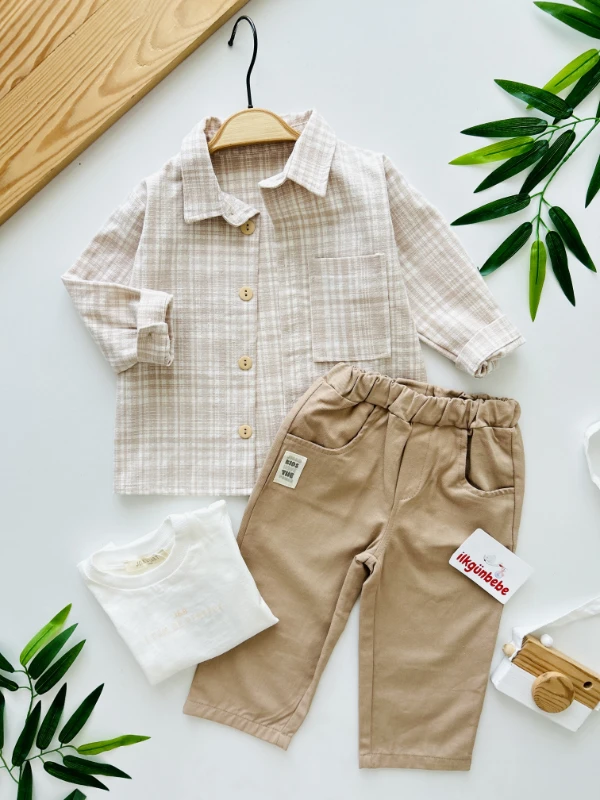 Ekose Gömlek Ceketli Premium Kalite Tişörtlü Pantalonlu 3’lü Takım