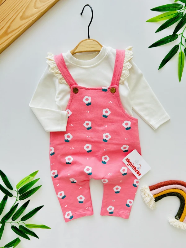 Papatya Desenli Salopetli Fırfır Detaylı Uzun Kollu Bodyli 2’li Salopet Takım