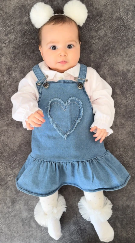 Kalp Nakışlı Kot Salopetli Gömlekli Elbise