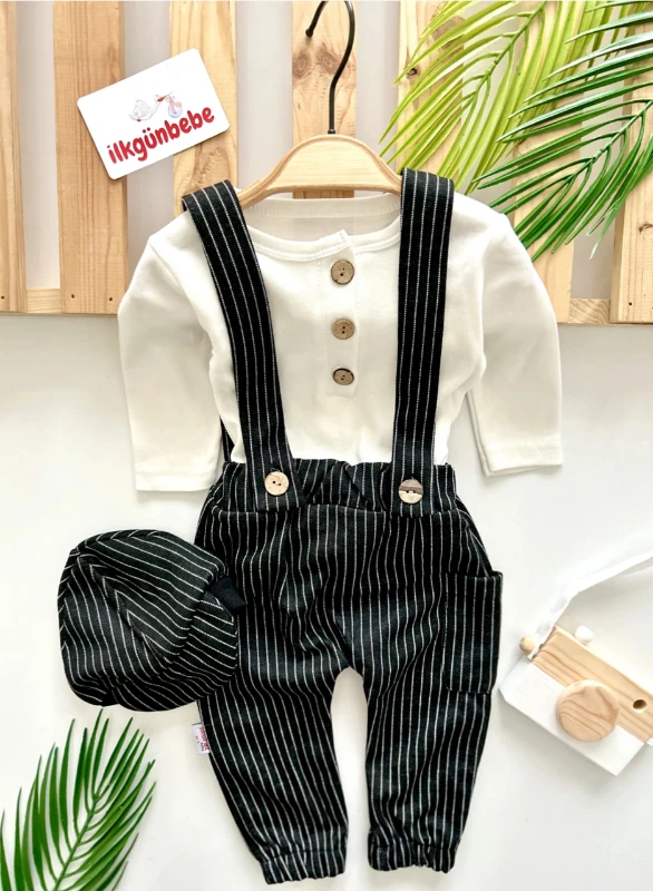 Kasketli Çizgili Desenli Salopetli Badili 3’lü Cool Takım