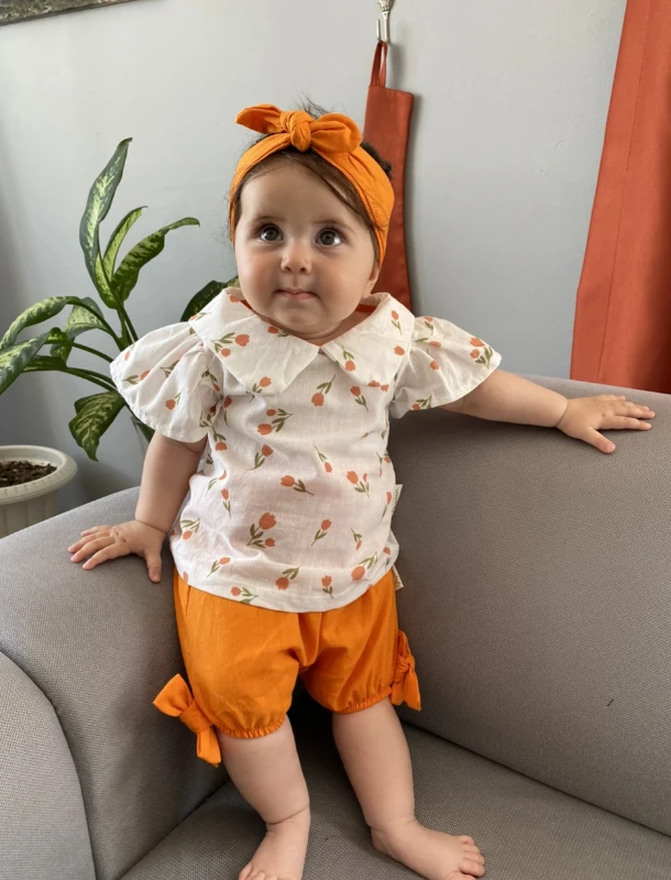 Lale Desenli Fiyonk Detaylı Bandanalı 3’lü Premium Takım