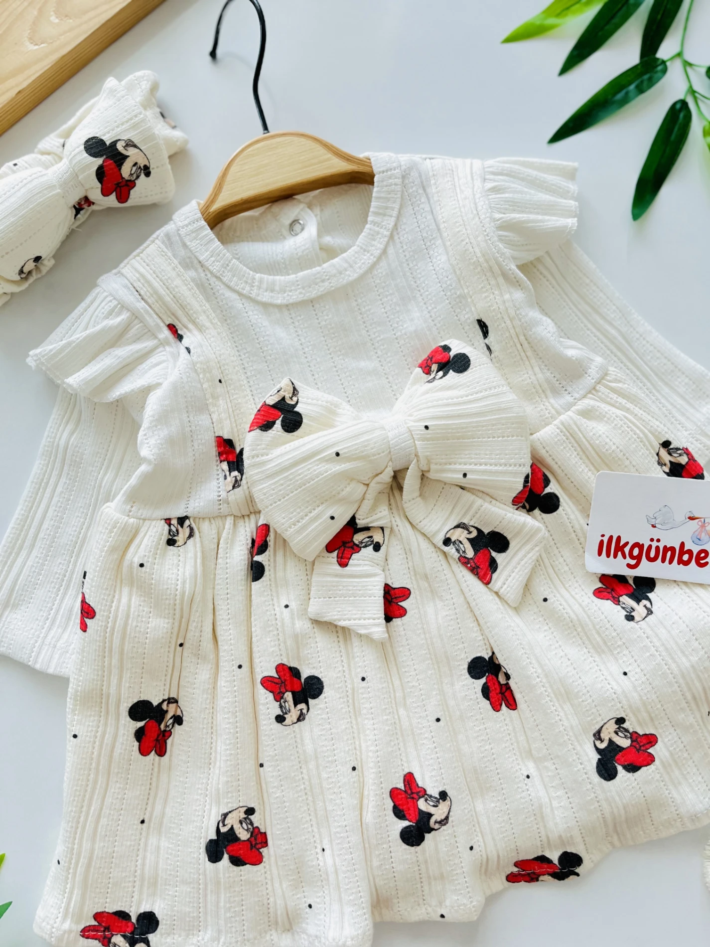 Minnie Mouse Desenli Astarlı Büyük Fiyonk Detaylı Bandanalı 2’li Elbise