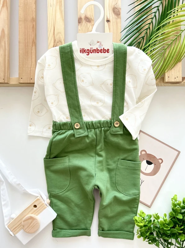 Ayıcık Desenli Badili Cep Detaylı Salopetli 2’li Mevsimlik Takım