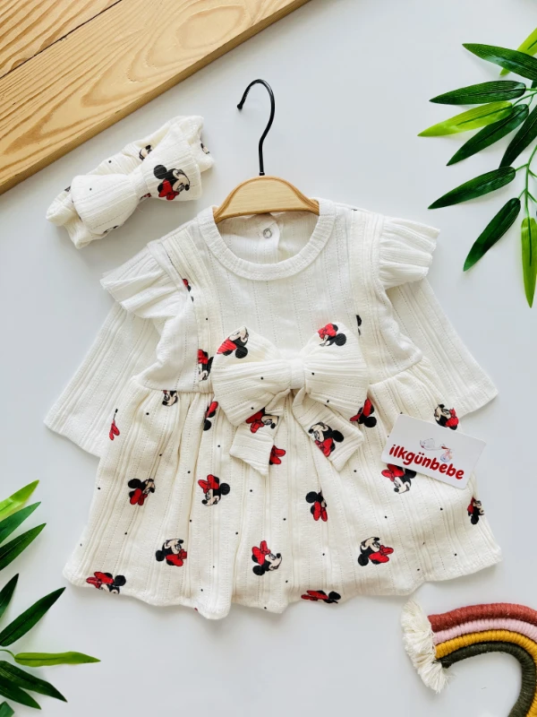 Minnie Mouse Desenli Astarlı Büyük Fiyonk Detaylı Bandanalı 2’li Elbise