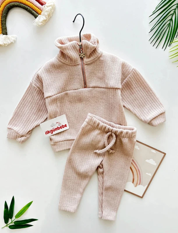 Simli Dik Yaka Çiçek  Fermuarlı Triko %100 Pamuk Premium Kalite 2’li Takım