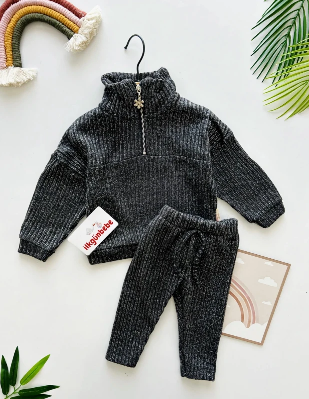 Simli Dik Yaka Çiçek  Fermuarlı Triko %100 Pamuk Premium Kalite 2’li Takım