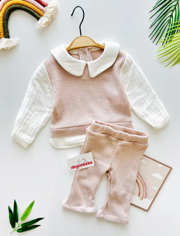 Simli Kendinden Birleşik Gömlekli Pantalonlu 2’li Premium Kalite Kız Bebek Takım