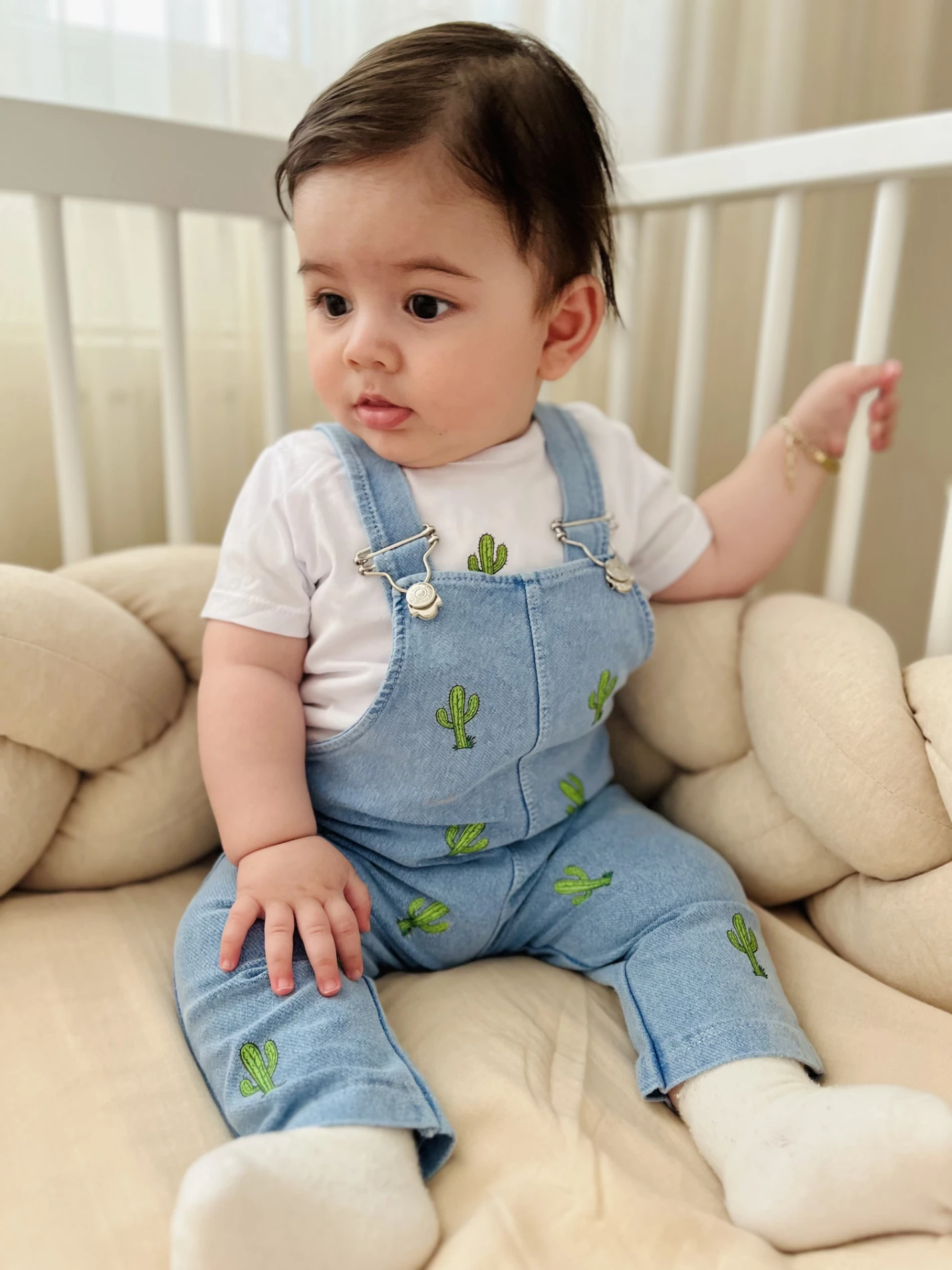 Kaktüs  Nakışlı Örme Yumuşacık Likralı Esnek Kumaşlı Salopetli 2’li Premium Kalite Set