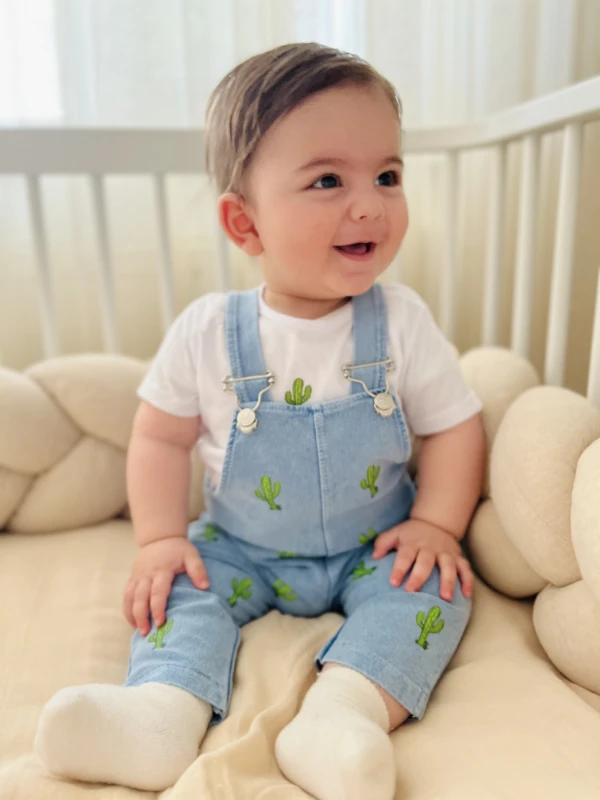 Kaktüs  Nakışlı Örme Yumuşacık Likralı Esnek Kumaşlı Salopetli 2’li Premium Kalite Set