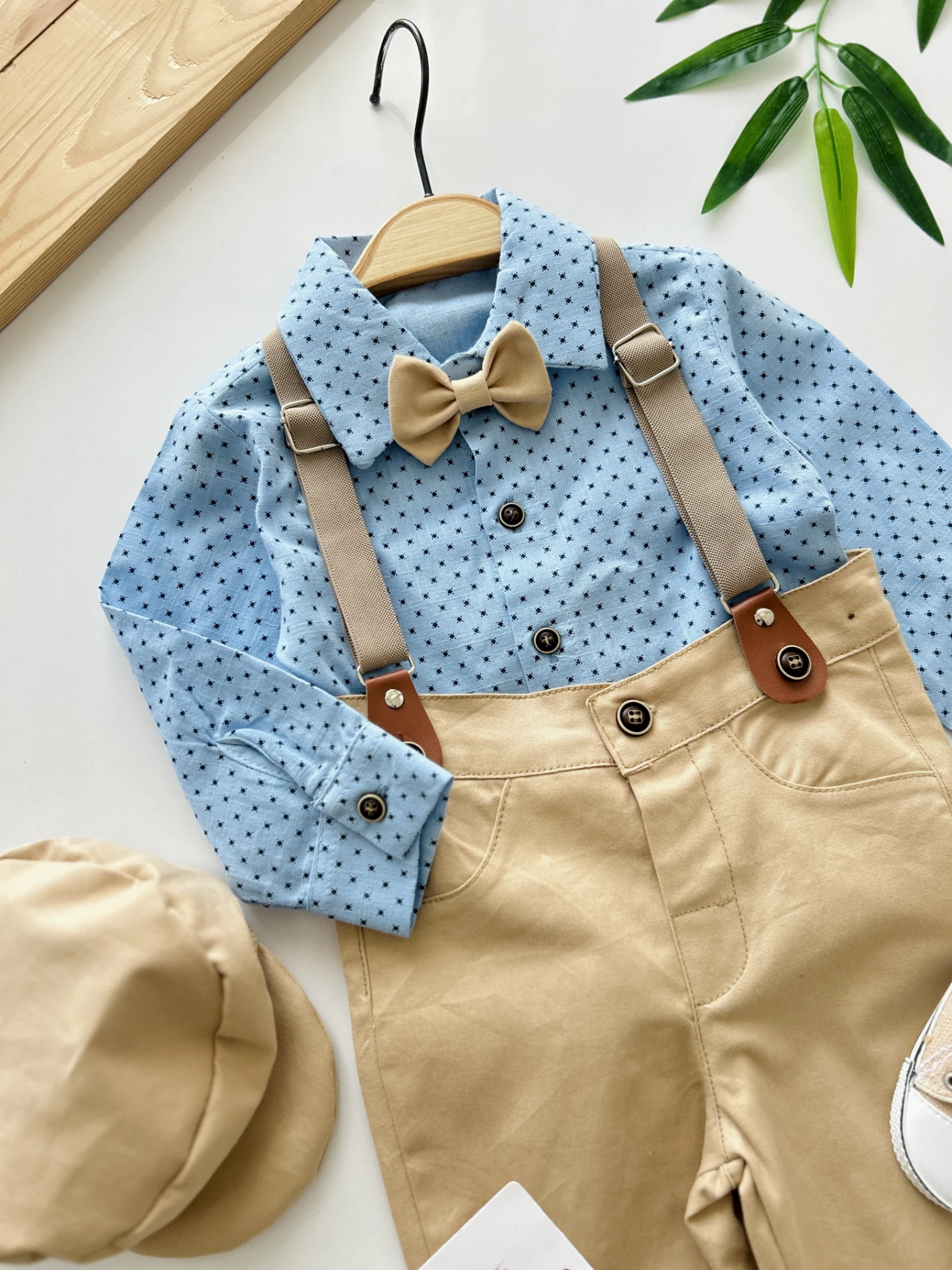 Gabardin Pantalon Keten Gömlekli Kasketli Askı Kemerli Papyonlu 5’li Premium Kalite Takım