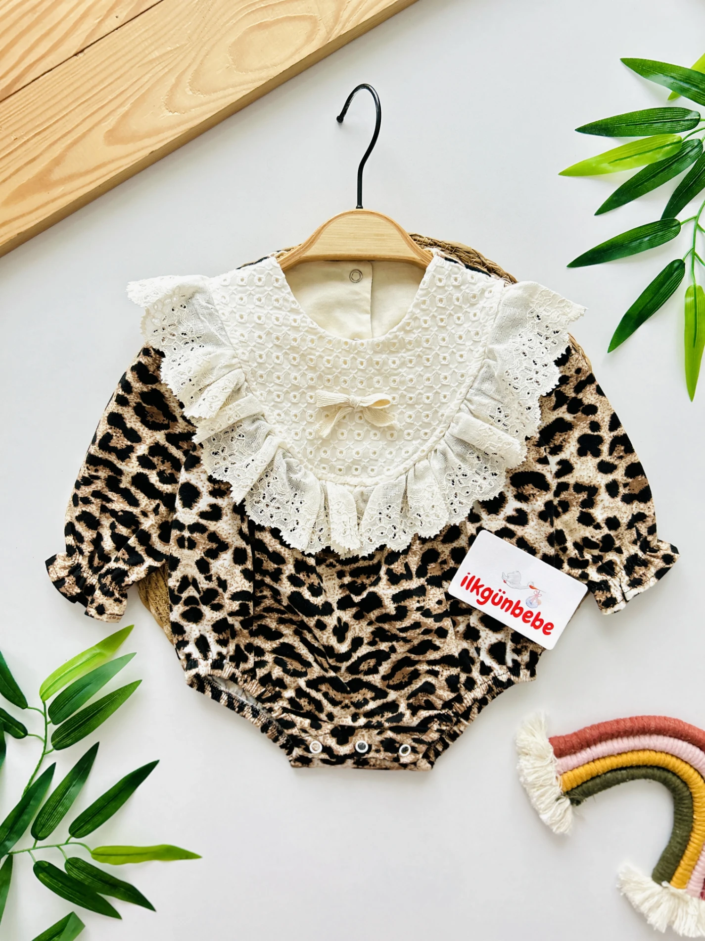 Leopar Desenli Fiyonk Detaylı %100 Pamuk Romper Elbise