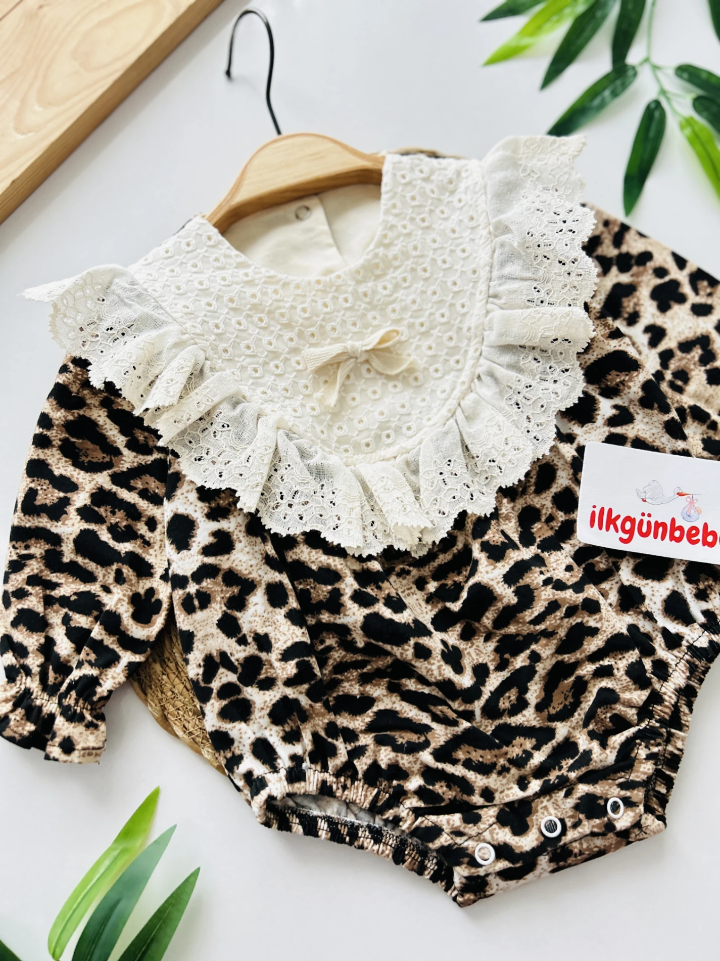 Leopar Desenli Fiyonk Detaylı %100 Pamuk Romper Elbise
