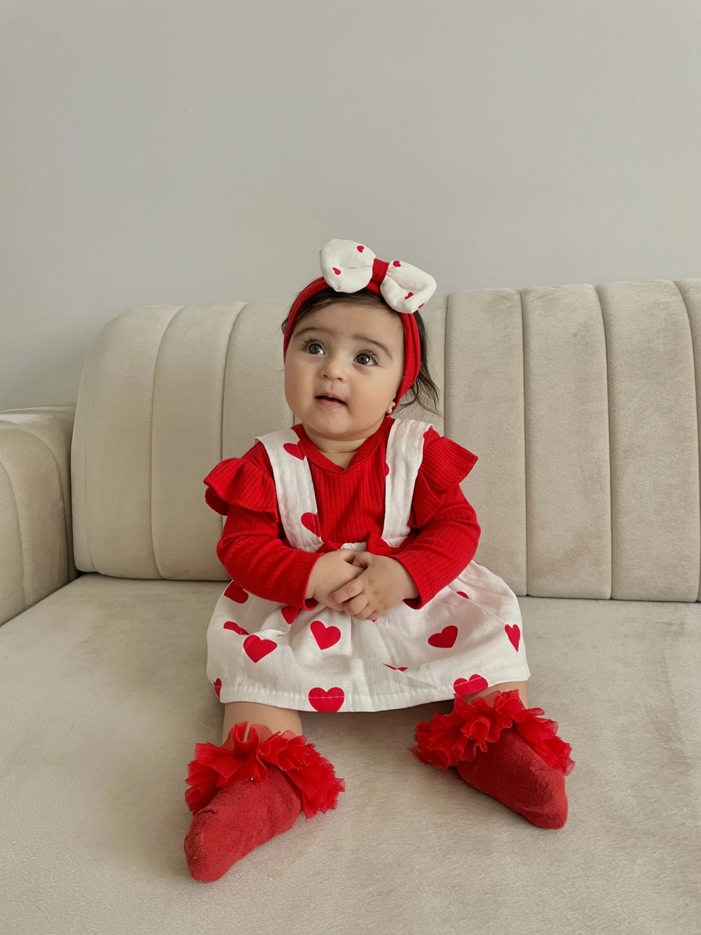 Kalp Desenli %100 Pamuk Müslin Kumaş Bandanalı Bodyli 3’lü Set