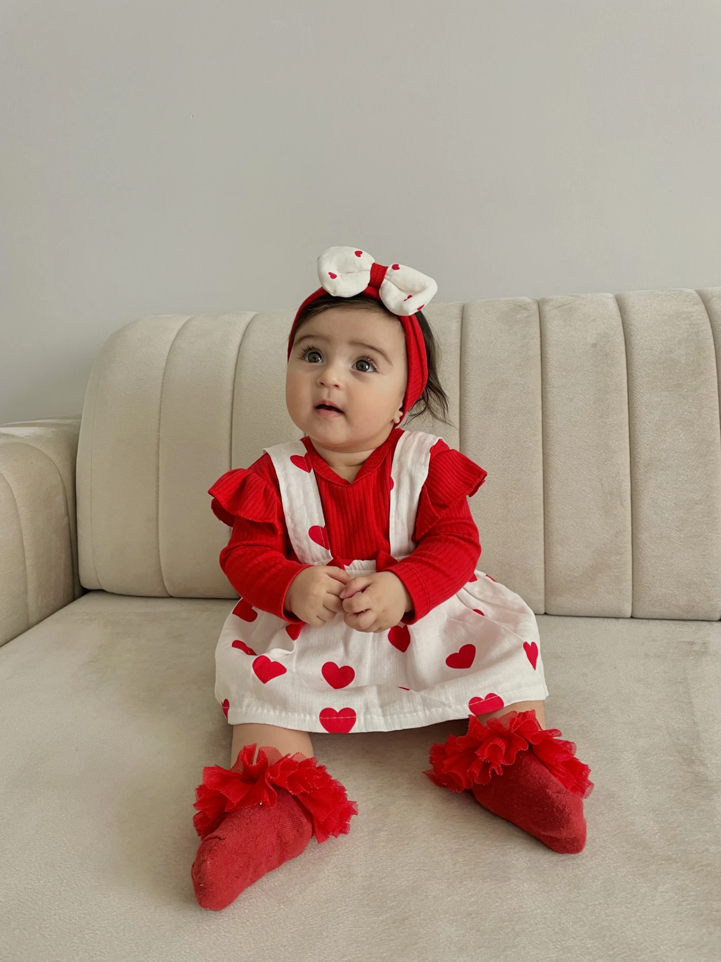 Kalp Desenli %100 Pamuk Müslin Kumaş Bandanalı Bodyli 3’lü Set