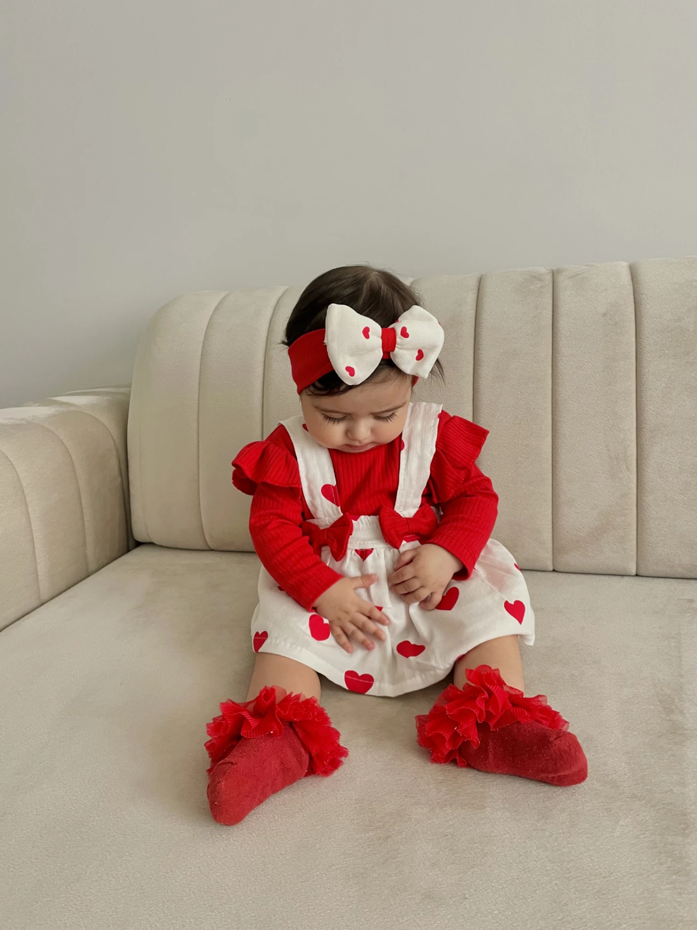 Kalp Desenli %100 Pamuk Müslin Kumaş Bandanalı Bodyli 3’lü Set