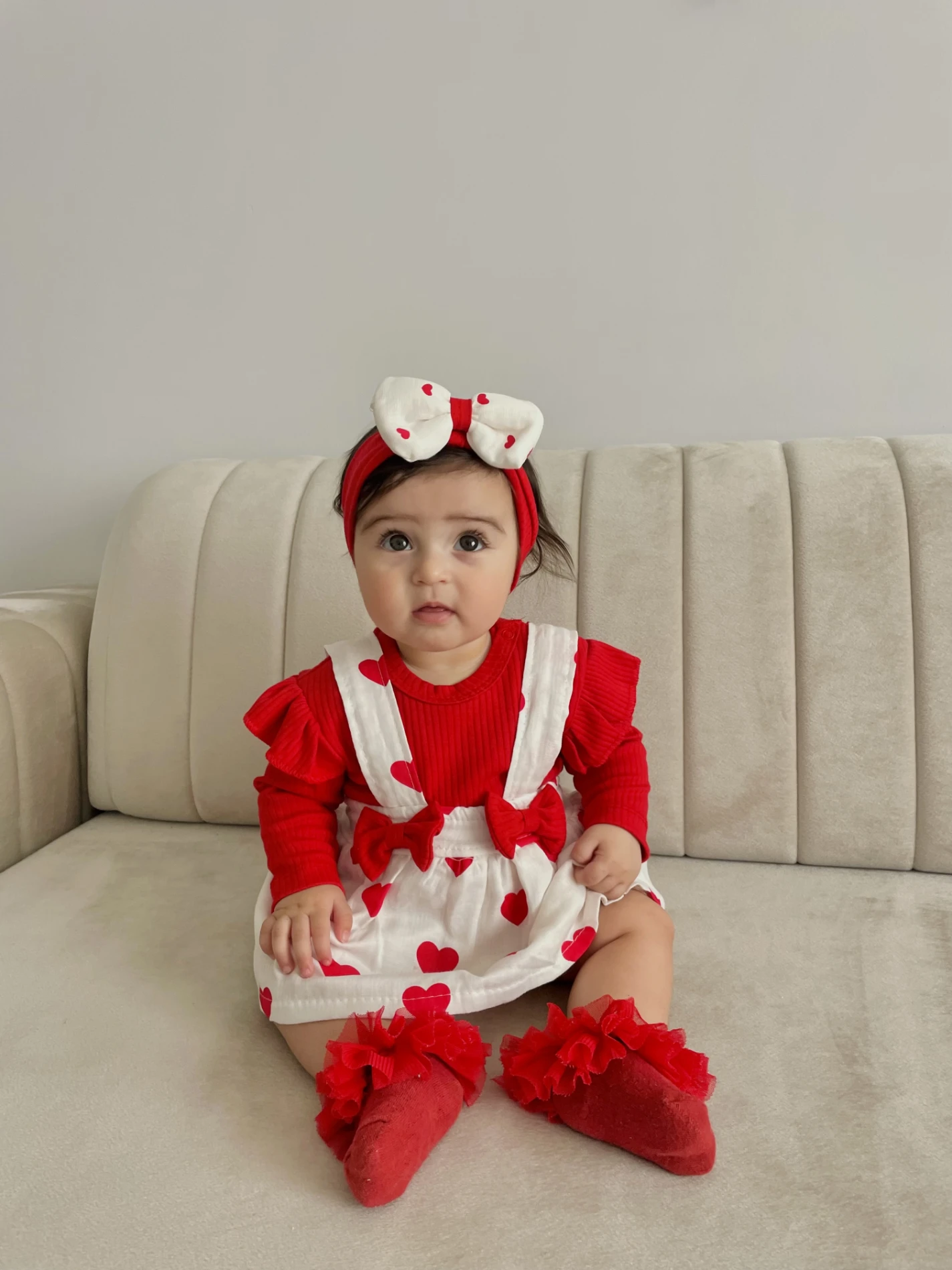 Kalp Desenli %100 Pamuk Müslin Kumaş Bandanalı Bodyli 3’lü Set