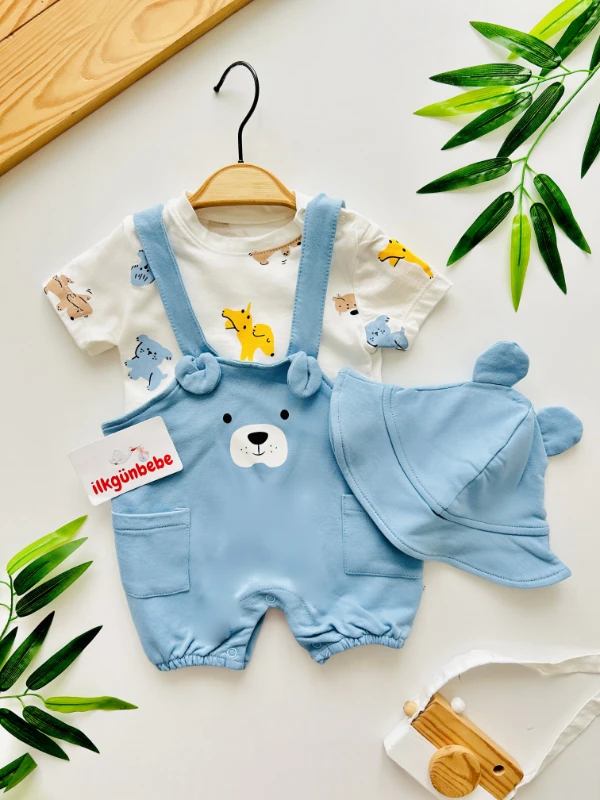 Animals Temalı Bear Bucket Şapkalı Tişörtlü Salopetli 3’lü Takım