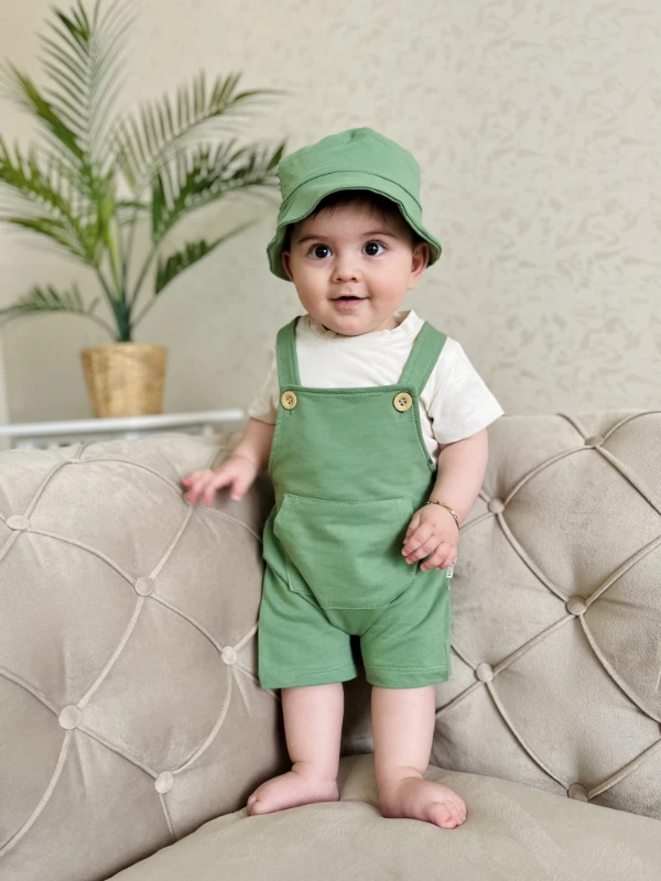Bucket Şapkalı %100 Pamuk  Kumaşlı Tişörtlü Salopetli 3’lü Takım