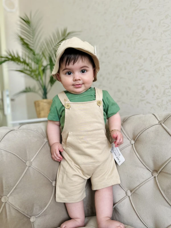 Bucket Şapkalı %100 Pamuk  Kumaşlı Tişörtlü Salopetli 3’lü Takım