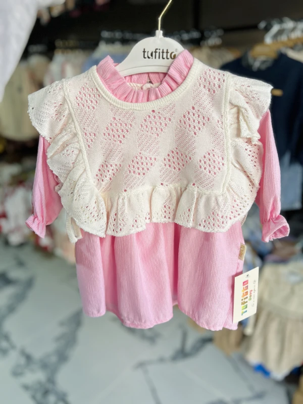 Yandan Fiyonk Bağlamalı Süveterli %100 Pamuk Elbise