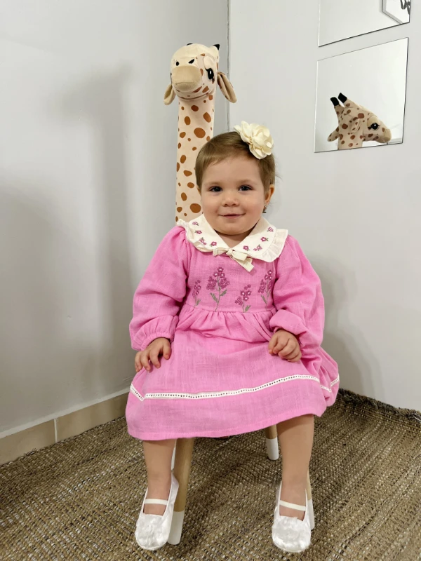 Elisa Çiçek Nakışlı Bebe Yakalı %100 Müslin Kumaş Premium Kalite Elbise