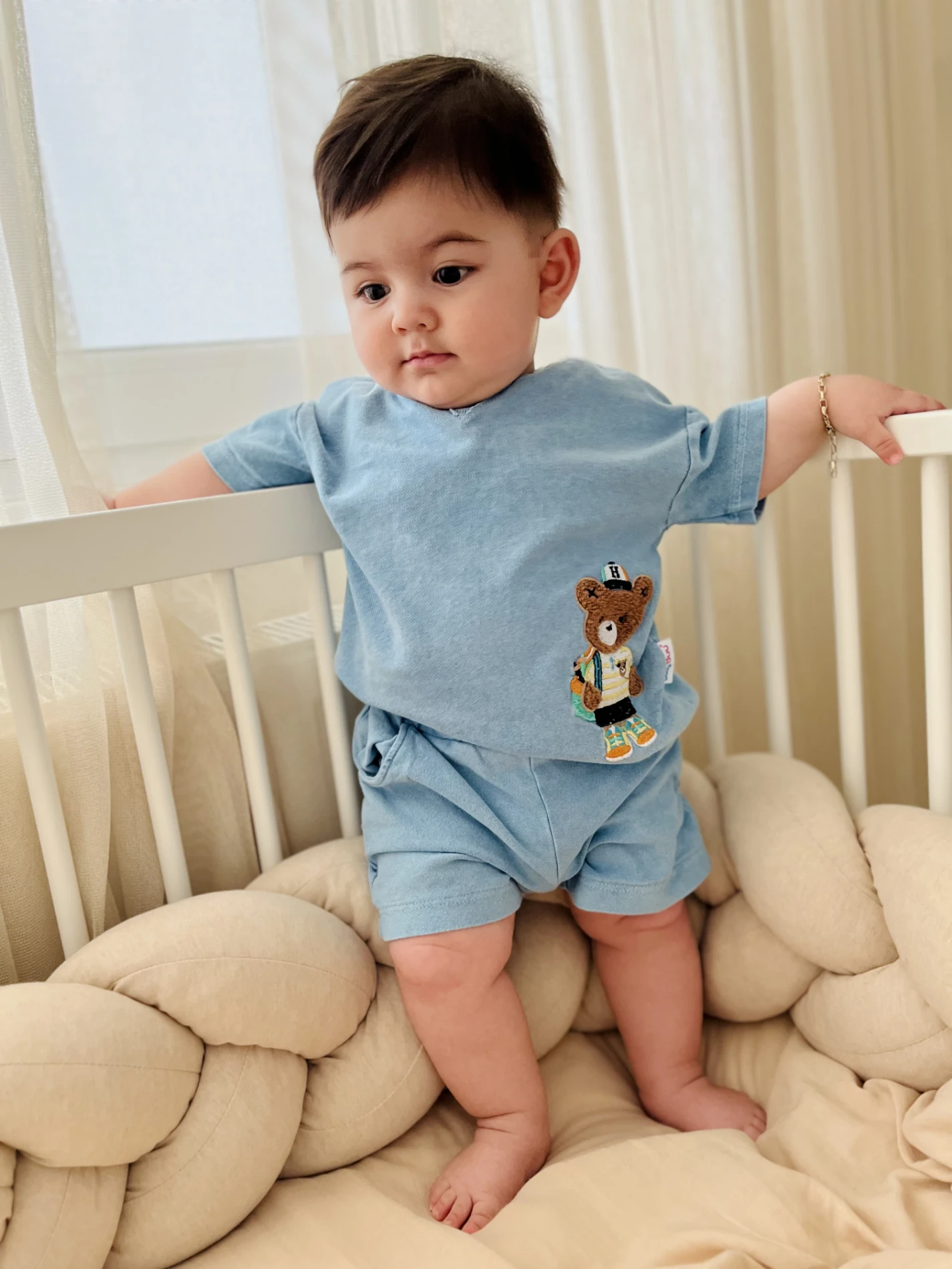 Sevimli Teddy  Nakışlı    %100 Pamuk Likralı Esnek Kumaş 2’li Takım