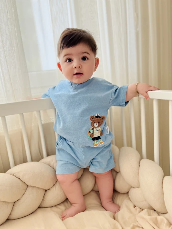 Sevimli Teddy  Nakışlı    %100 Pamuk Likralı Esnek Kumaş 2’li Takım