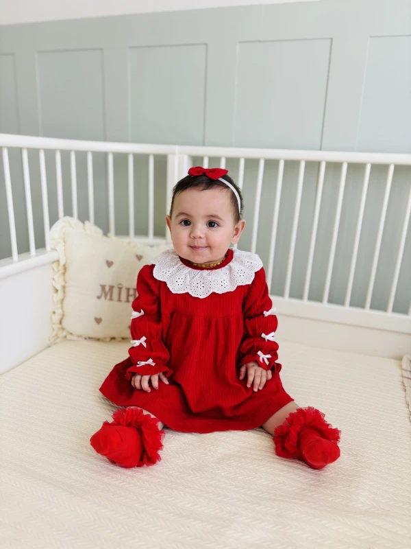 Flora  Fisto Yaka Detaylı Fiyonk Kollu %100 Pamuk Premium Kalite Bandanalı 2’li Elbise Set