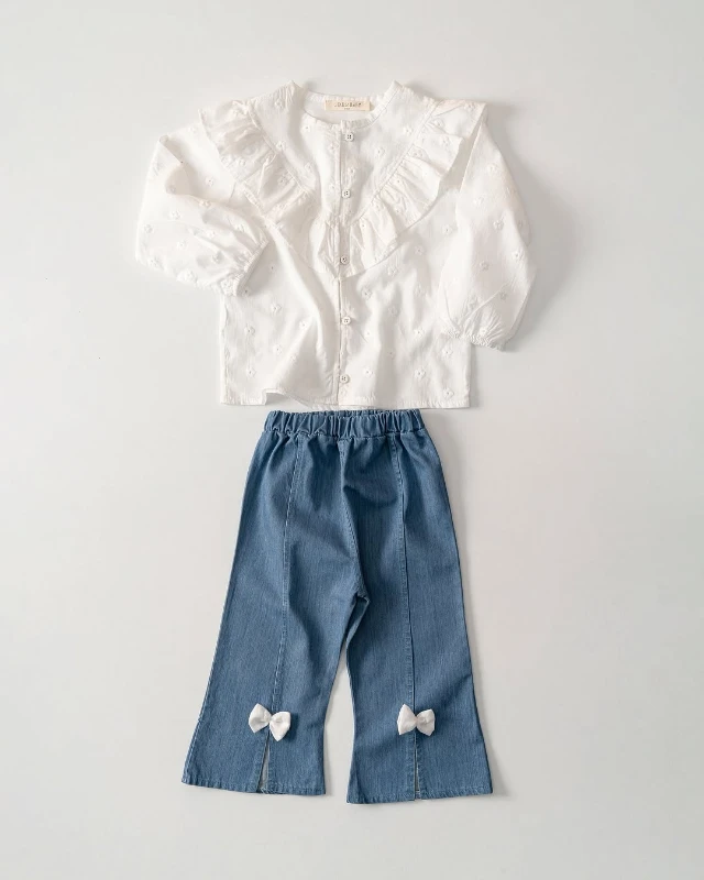 Fırfırlı Gömlekli Kot Pantalonlu Fiyonk Detaylı Premium Kalite 2’li Kız Bebek Takım