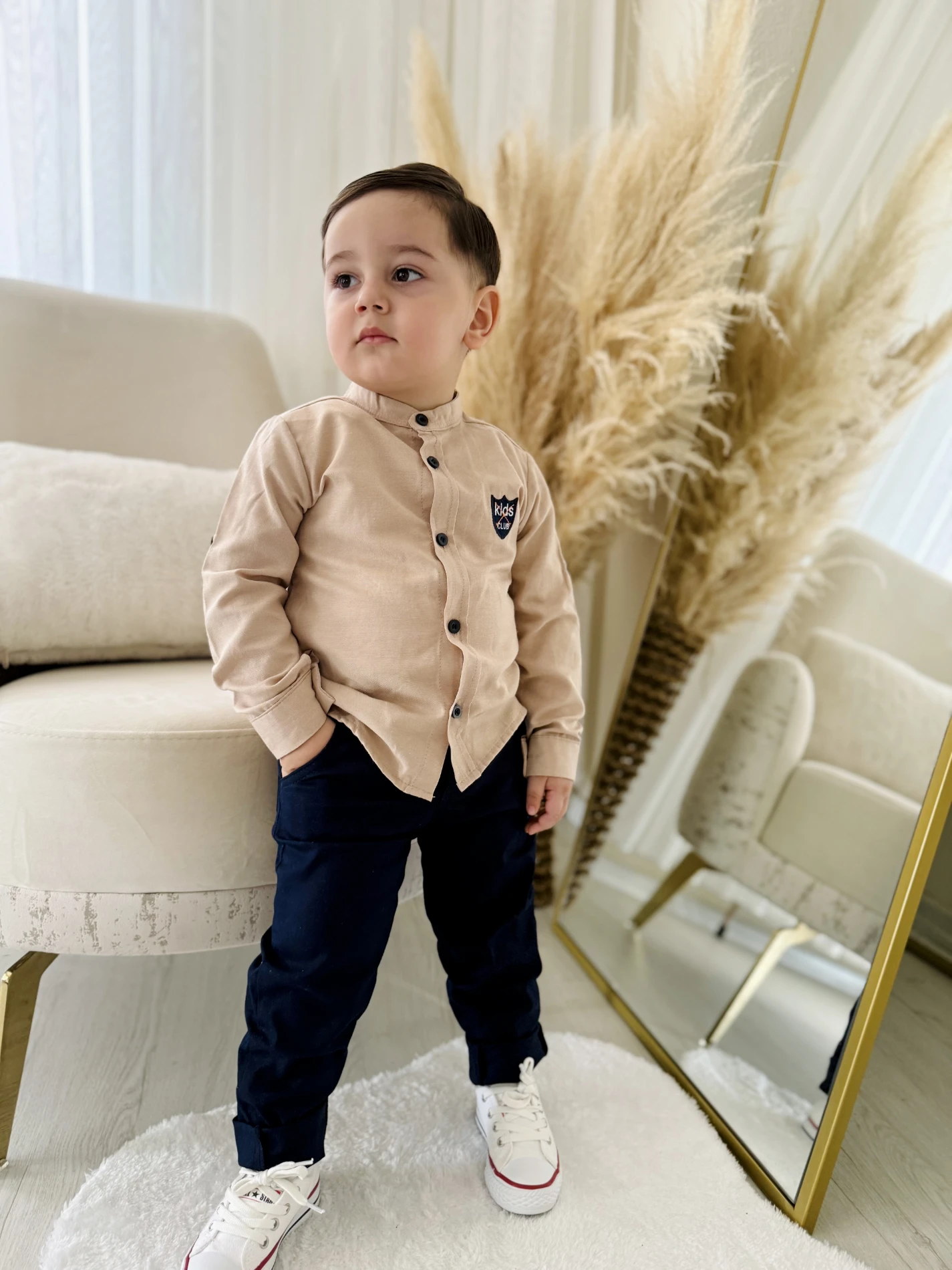 Hakim Yaka Ayarlanabilir Kollu Gömlekli Kemer Hediyeli Pantalonlu 3’lü Premium  Kalite Takım