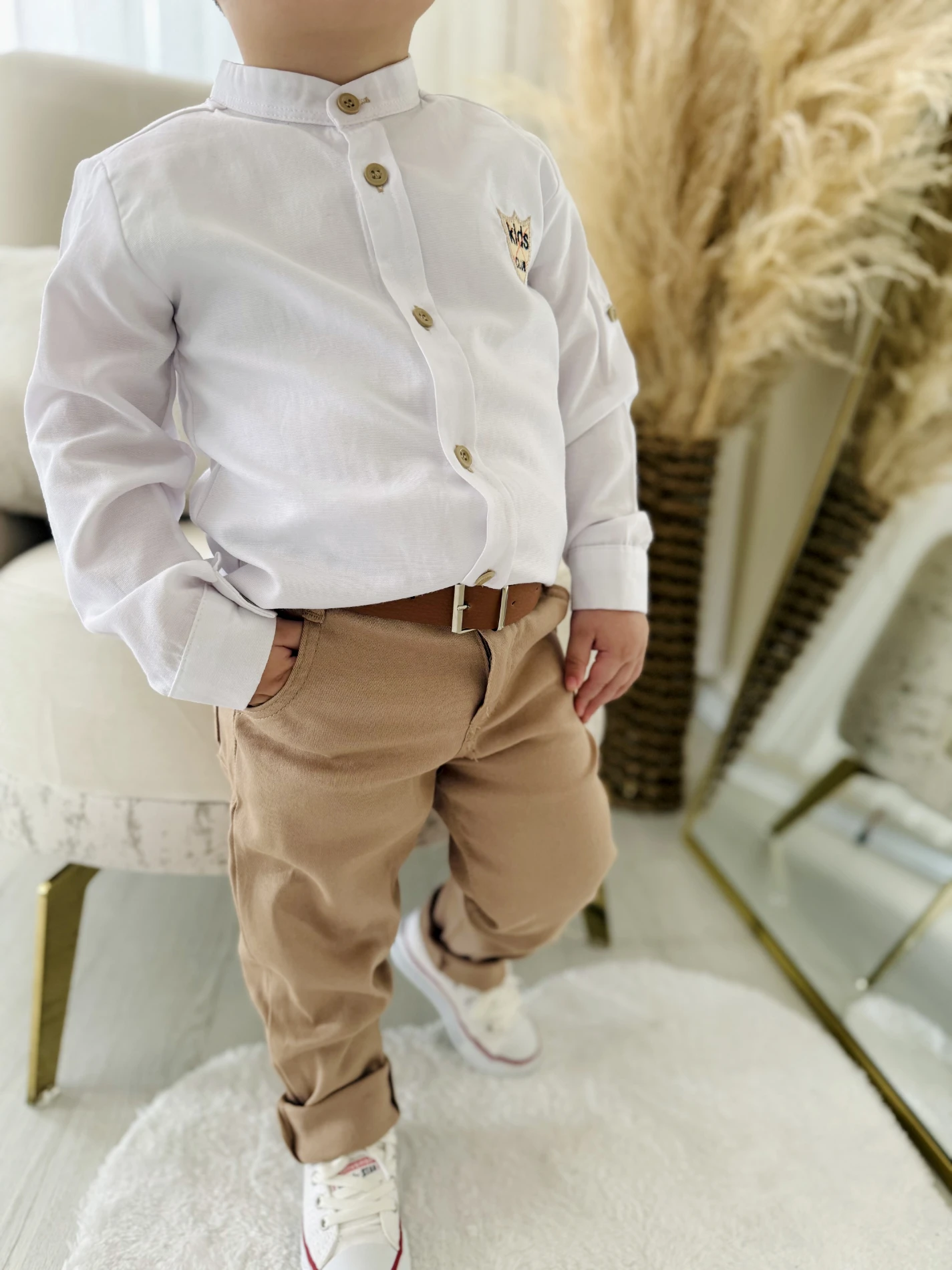 Hakim Yaka Ayarlanabilir Kollu Gömlekli Kemer Hediyeli Pantalonlu 3’lü Premium  Kalite Takım