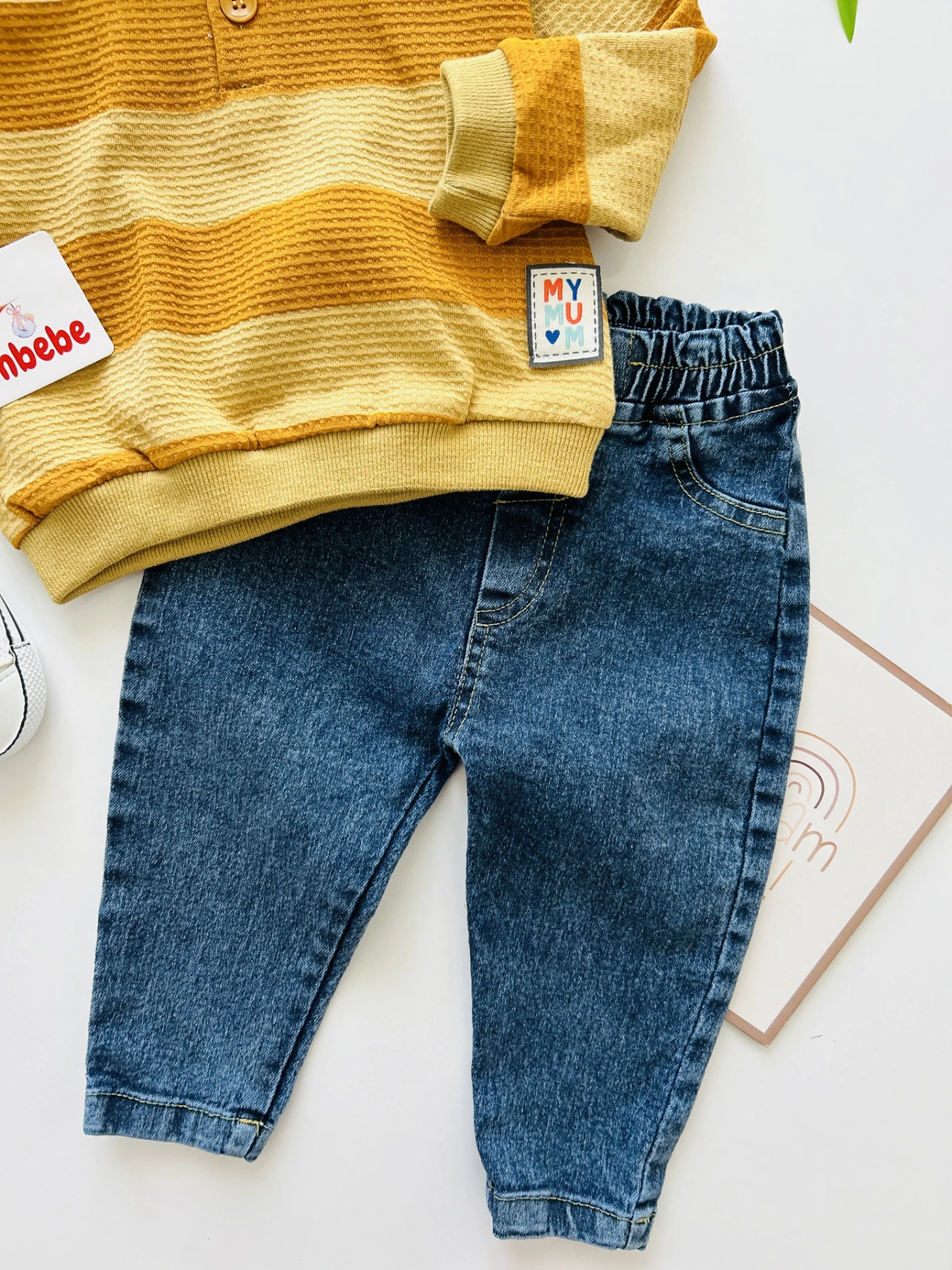 Lacos Yaka Çizgili Desenli Sweatli Likralı Esnek Kot Kumaş Pantalonlu 2’li Takım