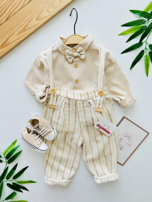 Çarpraz Askılı Müslin Kumaş Salopetli Papyonlu Gömlekli Şık Takım